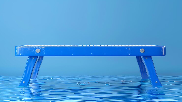 Foto cena minimalista azul com um pódio de pé na água renderização 3d