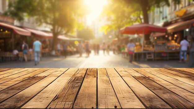Foto cena movimentada da rua do mercado com mesa de madeira e espaço de cópia
