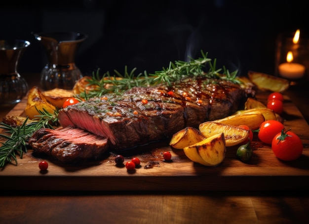 Cena de Navidad asando bistec con verduras