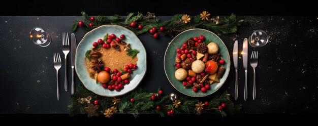 Cena de Navidad para dos vista de arriba fondo oscuro generativo ai