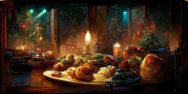 Cena de Navidad. Ilustración digital. Cuadro. hermoso escenario