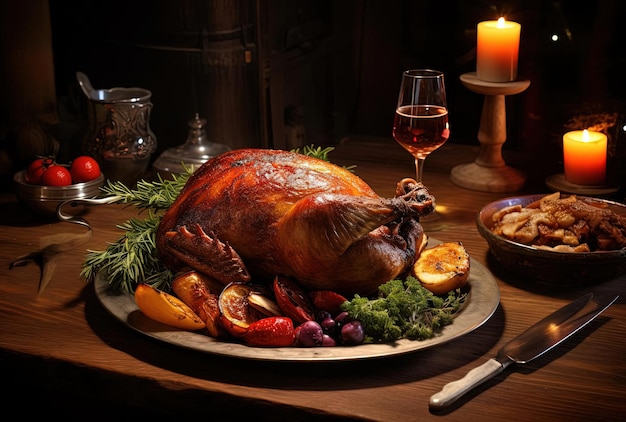 cena de navidad en mesa de madera con resolución de pato asado