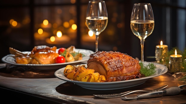 Cena de Navidad mesa tema navideño con comida festiva y copas de vino burbujeante