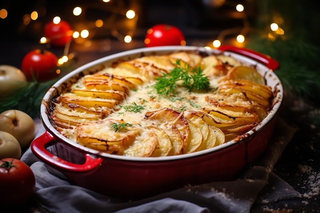 Cena de Navidad de patatas y tomates con rábano picante