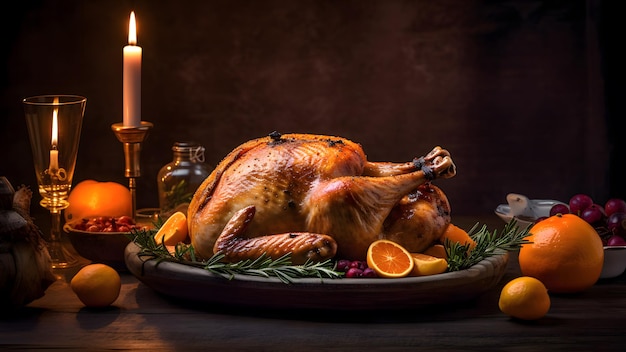 Foto cena de navidad pavo asado sobre un fondo de madera