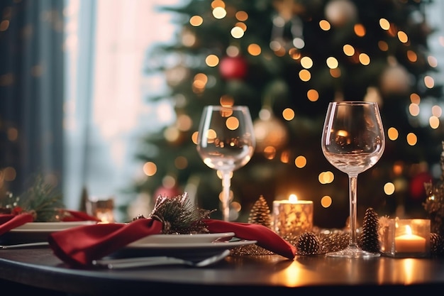 Cena navideña Una mesa de comedor decorada con copas de champán y Navidad IA generativa