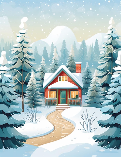 Cena nevada com uma casa e árvores em primeiro plano