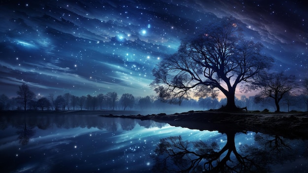 cena noturna com árvore e estrelas