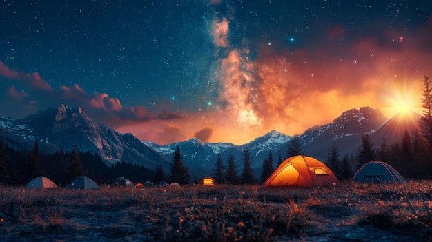Cena noturna com tenda e estrelas