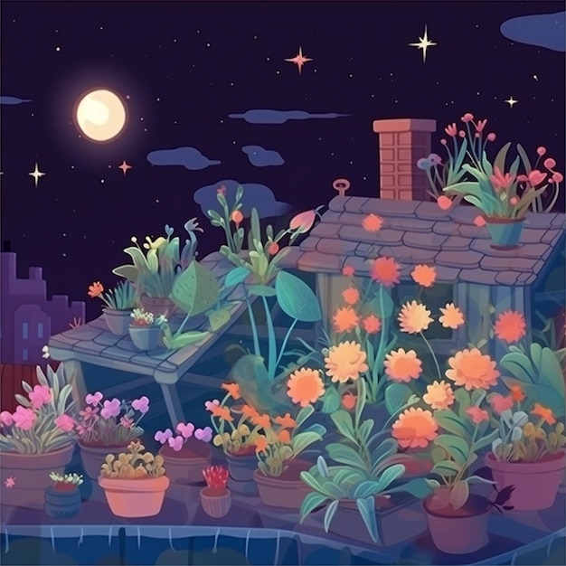 Cena noturna com uma casa e jardim com flores e plantas generativas ai