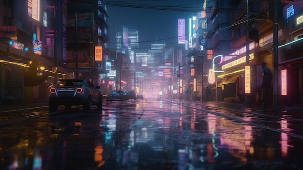 Cena noturna de IA generativa da cidade após a chuva no estilo cyberpunk futurista nostálgico dos anos 80 e 90