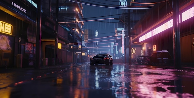 Cena noturna de IA generativa da cidade após a chuva no estilo cyberpunk futurista nostálgico dos anos 80 e 90