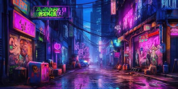 Cena noturna de IA generativa da cidade grande no estilo cyberpunk nostálgico futurista dos anos 80 e 90 luzes de néon