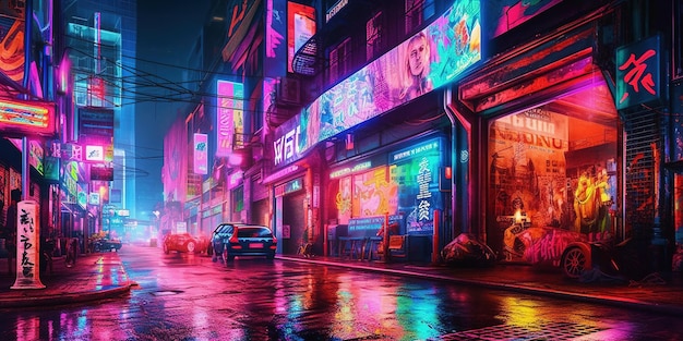 Cena noturna de IA generativa da cidade grande no estilo cyberpunk nostálgico futurista dos anos 80 e 90 luzes de néon