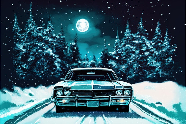 Cena noturna de inverno com veículo abandonado enterrado na neve e grande lua cheia ao fundo Conceito de fantasia Ilustração pintura Generative AI