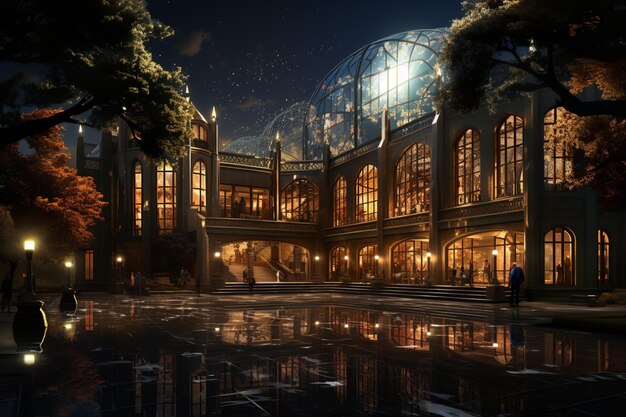cena noturna de um grande edifício com uma cúpula de vidro e uma fonte generativa ai
