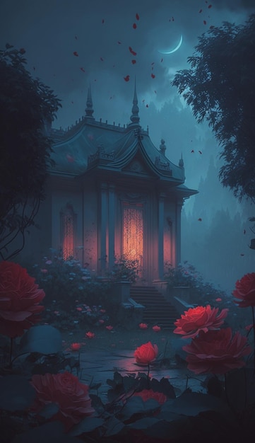 Cena noturna de um pagode com lua cheia generativa ai