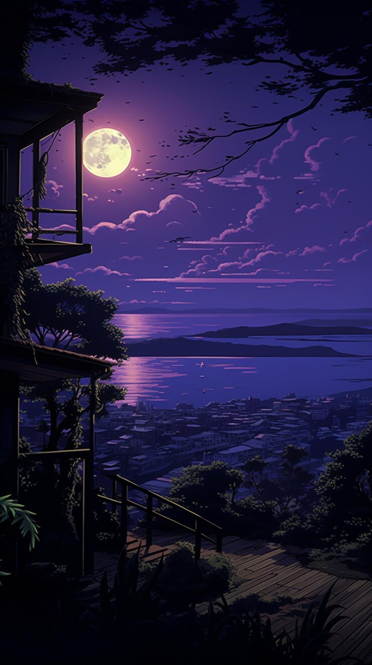 Foto cena noturna de uma casa com uma varanda com vista para o oceano
