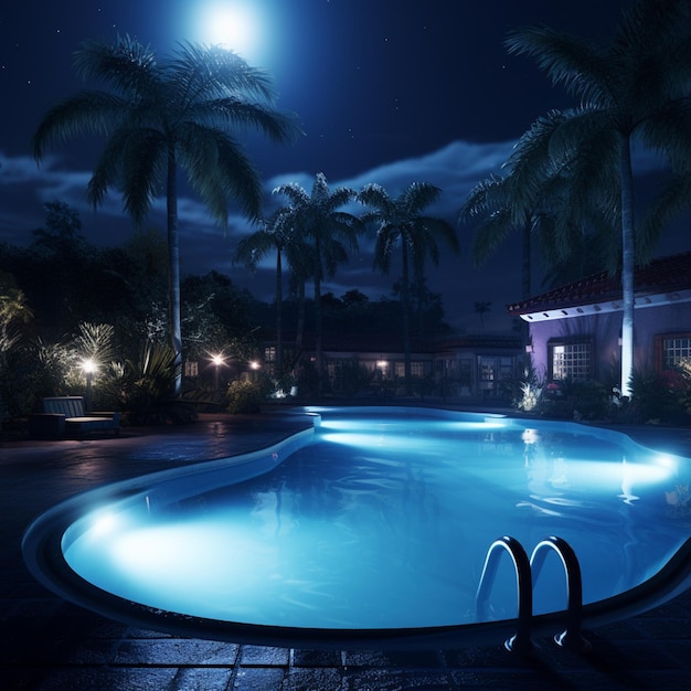cena noturna de uma piscina com escada de natação e palmeiras geradoras de IA