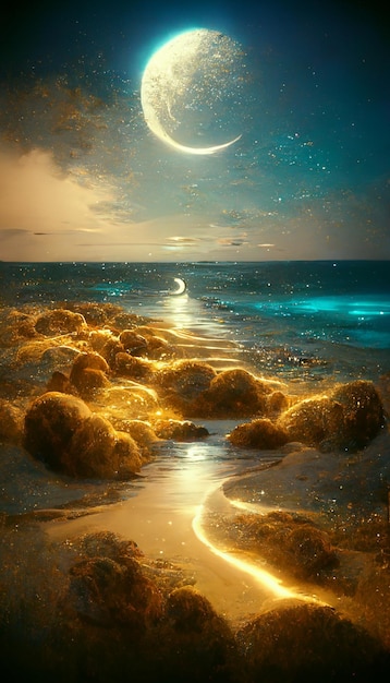 Cena noturna de uma praia com lua e pleno generativo ai