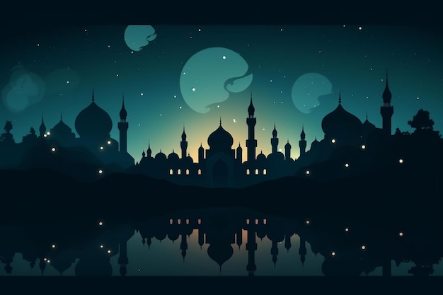 Cena noturna do Eid e do Ramadã com uma mesquita e a lua ao fundo Generative AI