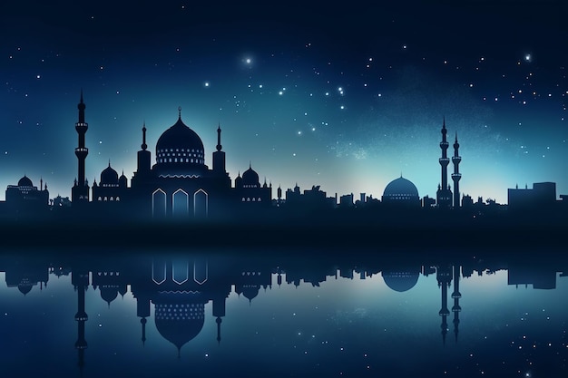 Cena noturna do Eid e do Ramadã com uma mesquita e a lua ao fundo Generative AI