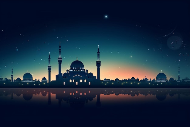 Cena noturna do Eid e do Ramadã com uma mesquita e a lua ao fundo Generative AI