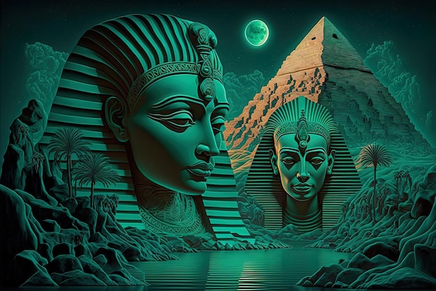 Cena noturna imaginária com Nifertiti Cleópatra e outras divindades egípcias sobrepostas