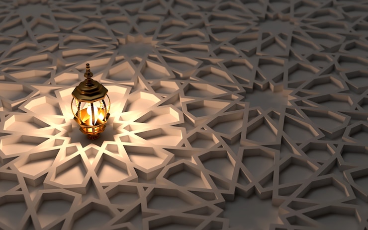 Foto cena noturna islâmica 3d com luz de lanterna no fundo da decoração do ornamento