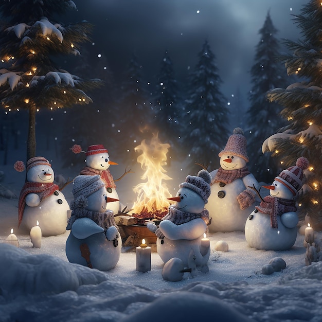 cena noturna mágica na floresta nevada com Frosty e um bando de bonecos de neve