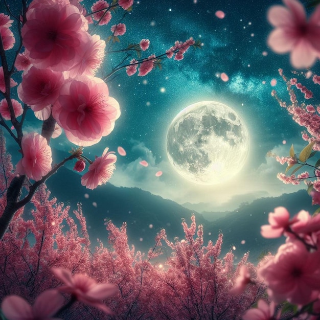 Foto cena noturna romântica bela flor rosa floresce no céu noturno com lua cheia