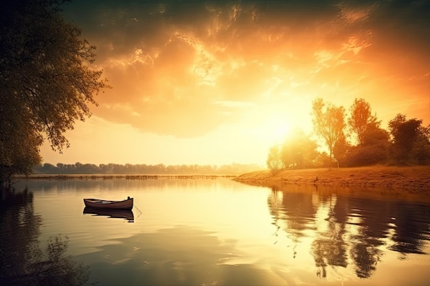 Cena onírica de belo pôr do sol sobre um lago tranquilo criado com ai generativa