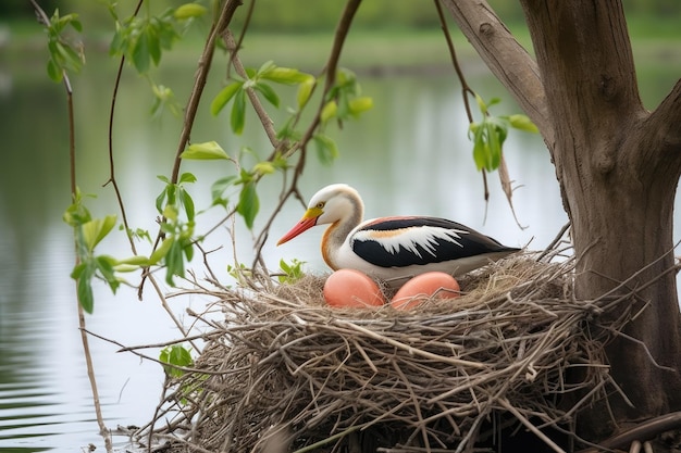Cena pacífica com a mãe pássaro sentada sobre seus ovos no ninho criado com ai generativa