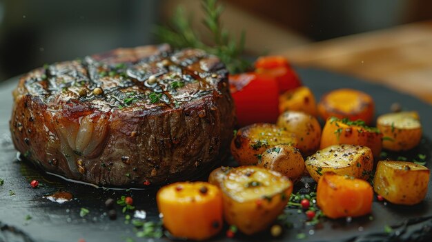 Foto cena paleo bife de bisonte verduras de raíz estilo de dieta primitiva fotorrealista en hd