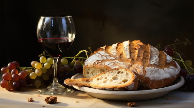 Cena pan vino y uva en la mesa.