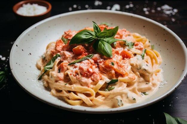 Cena de pasta cremosa y pomodoro Receta Fotografía de comida