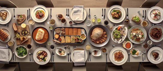 cena con platos familiares en la mesa vista desde arriba