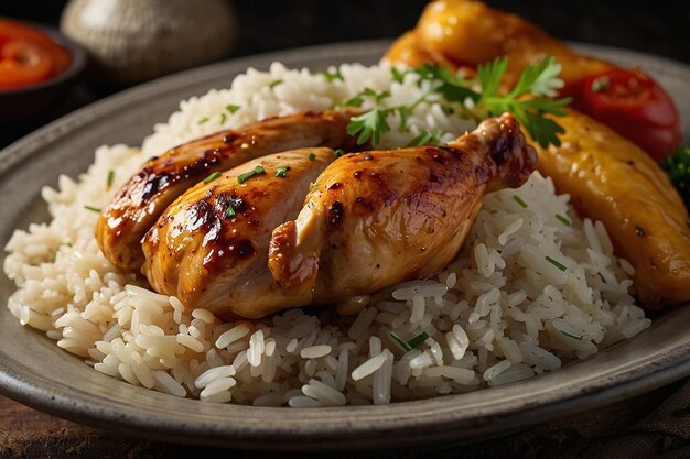 Foto cena de pollo y arroz