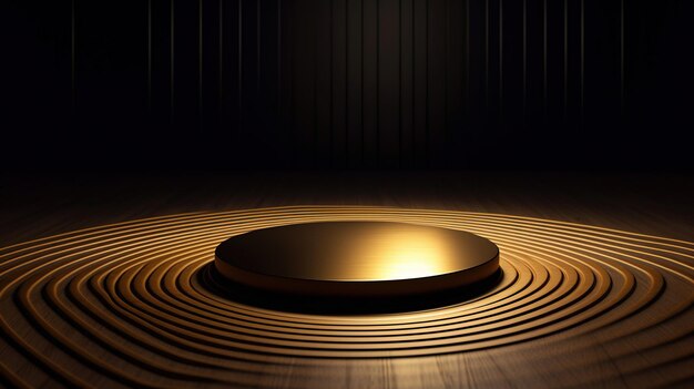 Cena preta mínima com linhas douradas Ouro cilíndrico e pódio preto em um fundo preto Palco 3D para exibição de um produto cosmético Generative Ai