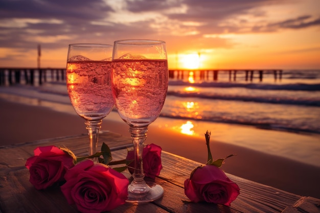 Cena romántica al atardecer en la playa Luna de miel mesa con comida de lujo vino de rosas bebidas en restaurante con vista al mar