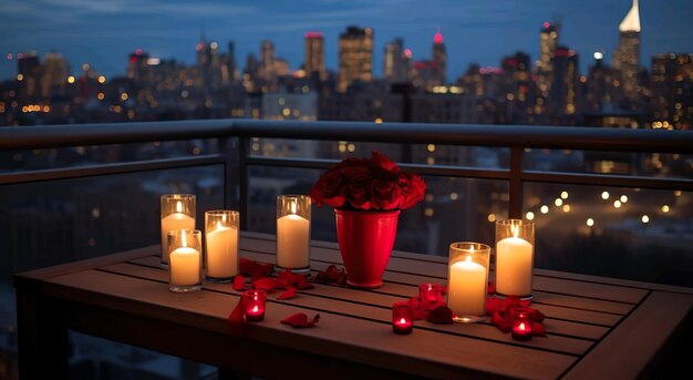 Cena romântica com velas e rosas na mesa com vista noturna da paisagem urbana