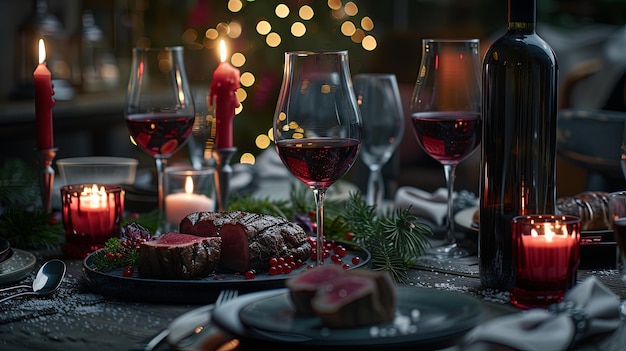 Cena romántica con una copa de vino y un plato de carne Concepto de fondo