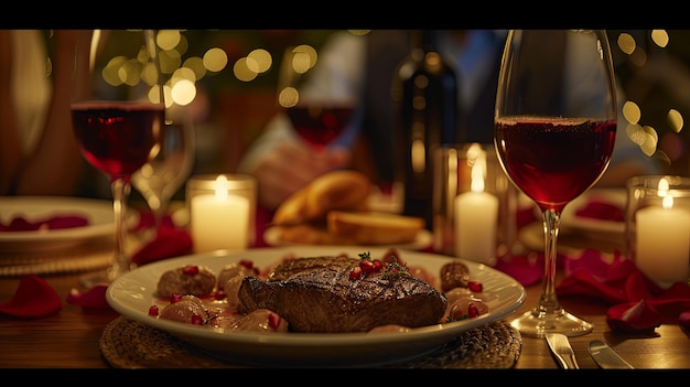 Foto cena romántica con una copa de vino y un plato de carne concepto de fondo