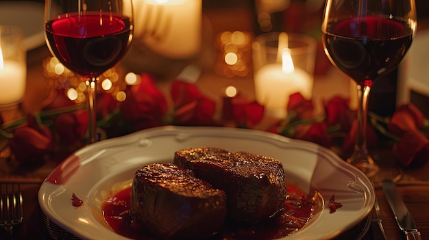 Cena romántica con una copa de vino y un plato de carne Concepto de fondo