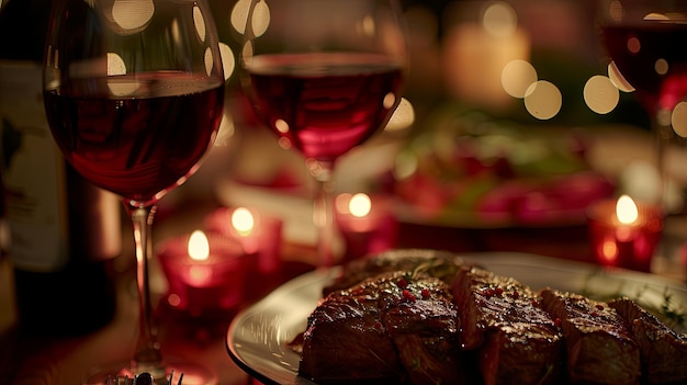 Cena romántica con una copa de vino y un plato de carne Concepto de fondo