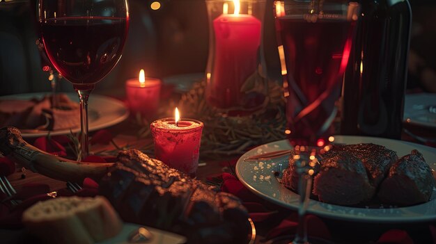 Foto cena romántica con una copa de vino y un plato de carne concepto de fondo