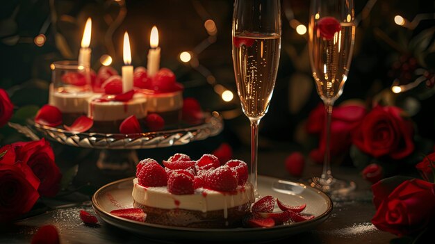 Foto cena romántica con una copa de vino y un plato de pastel dulce concepto de fondo