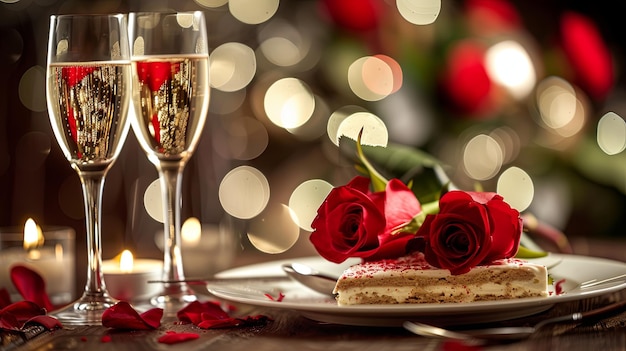 Cena romántica con una copa de vino y un plato de pastel dulce Concepto de fondo