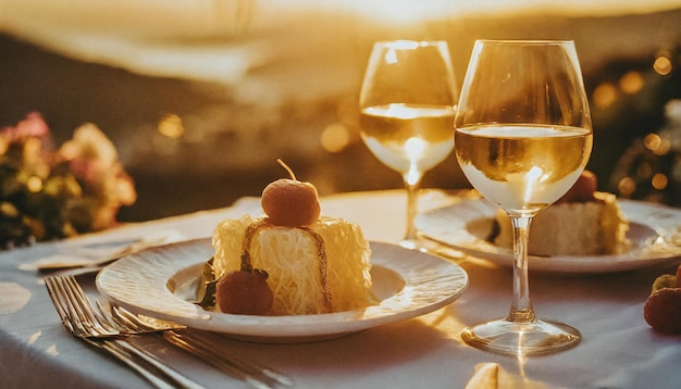 Cena romántica con copas de vino y velas en la terraza al atardecer