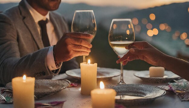 Cena romántica con copas de vino y velas en la terraza al atardecer